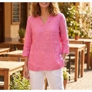 TAHARI 100% Linen Pink Ash Split Neck Collared Popover Tunic Top 2X Button Sides